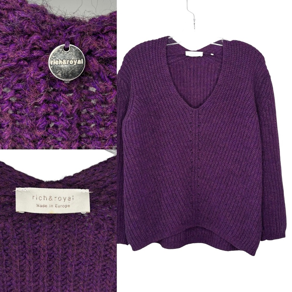 Rich & Royal V-Neck Wool Sweater luxury Purple XS chunky knit oversized